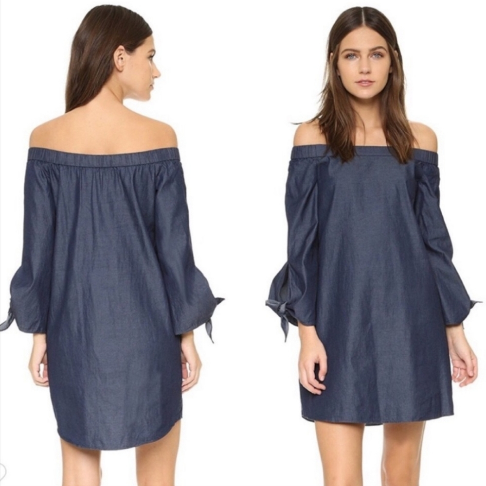 Tibi Off The Shoulder Chambray Mini Dress In Dark Blue Denim Size 4 NWOT'S